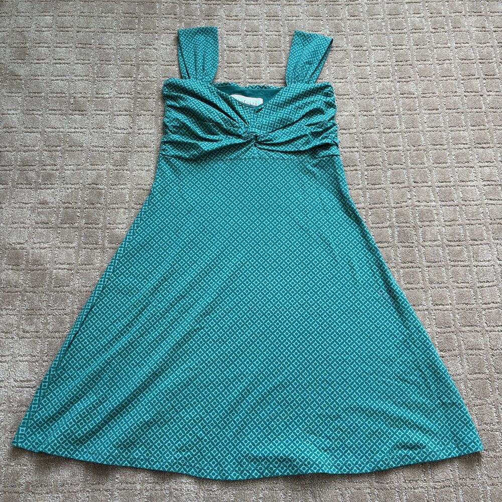 Moshiki Organic Dress Women's Large Teal Green Babydoll Geometric Cotton Stretch